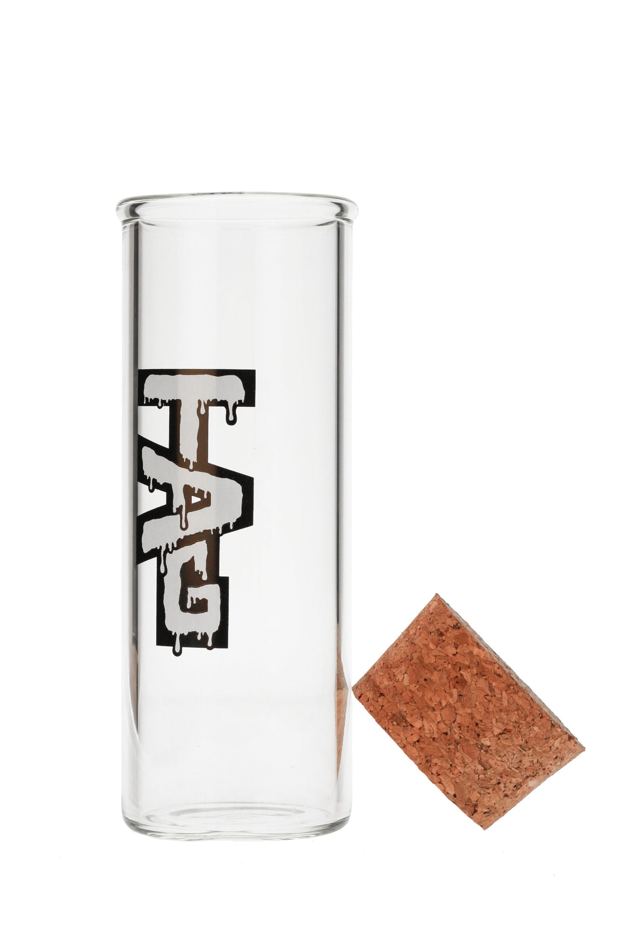 TAG - 8" Clear Glass Jar with Cork Top, 75x5MM, Front View on White Background