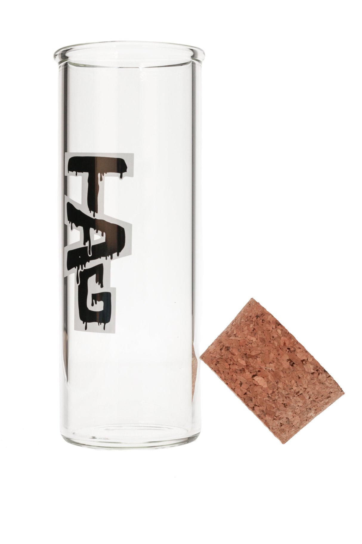 TAG - 8" Clear Glass Jar with Cork Top and Black Logo - Front View
