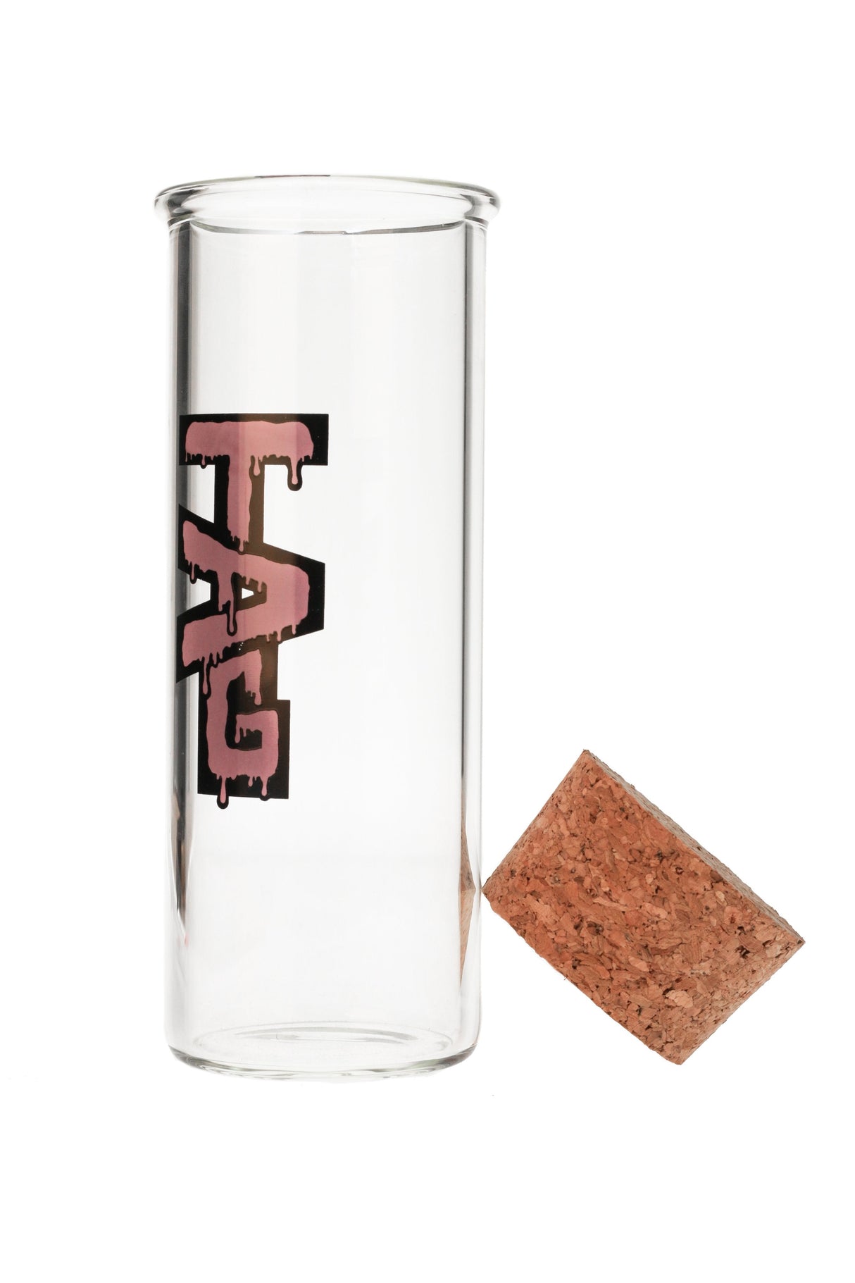 TAG - 8" Clear Glass Jar with Cork Top, 75x5MM, Front View with TAG Logo