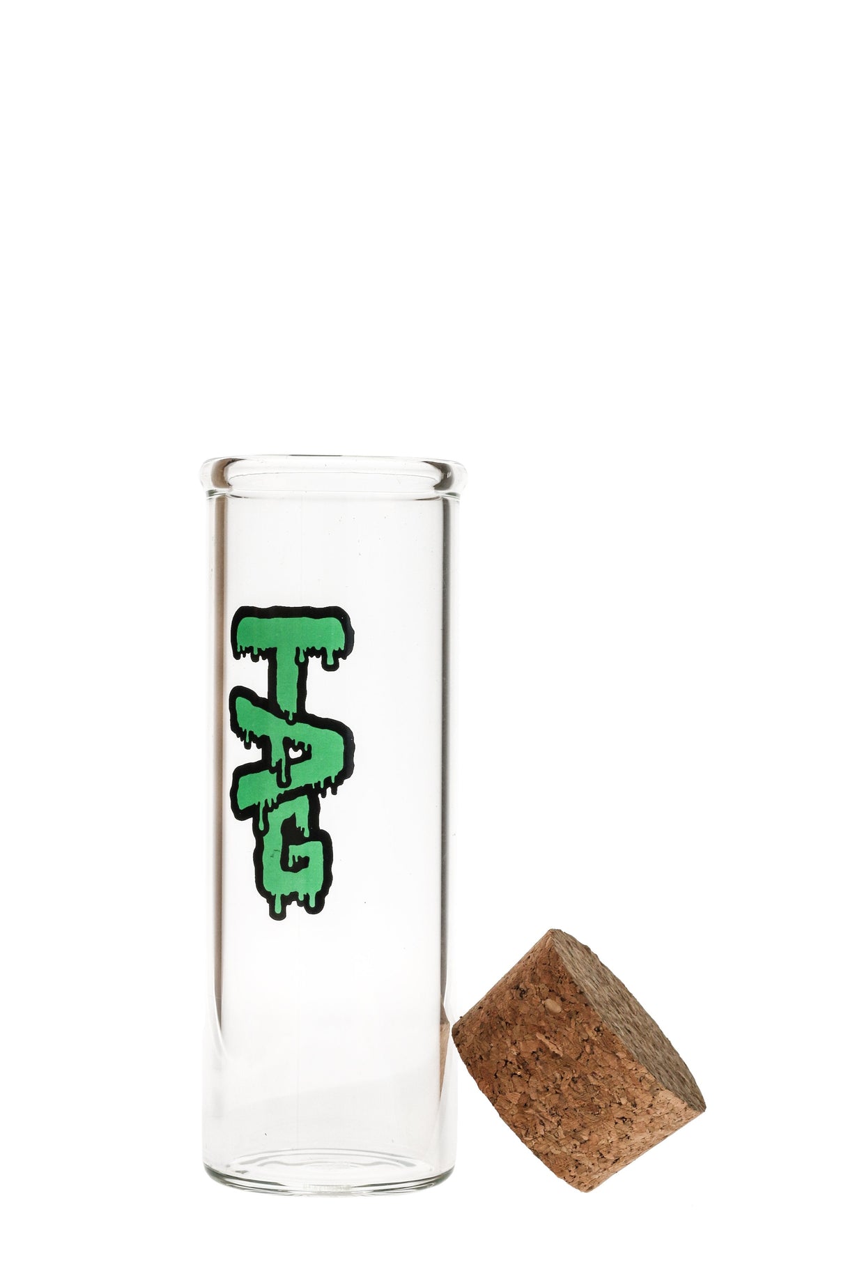 TAG 8" Clear Glass Jar with Cork Top and Green Logo - Front View