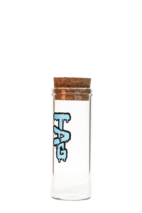 TAG 8" Clear Glass Jar with Wavy Blue Label and Cork Top, Front View, Sturdy 5mm Thick