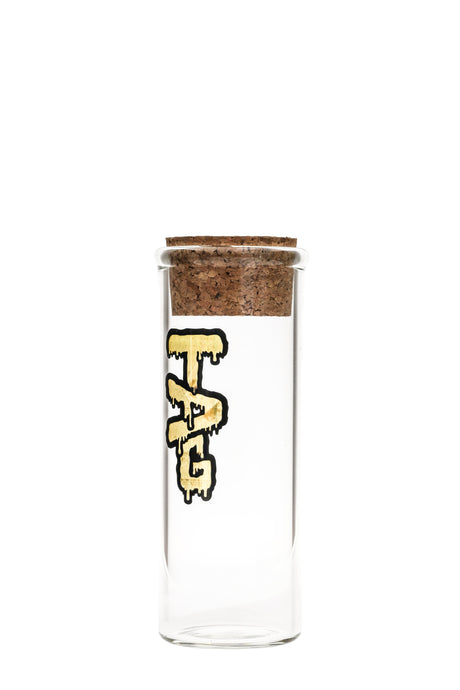 TAG 8" Clear Glass Jar with Cork Top and Wavy Gold Logo, Front View, 75x5mm Thick