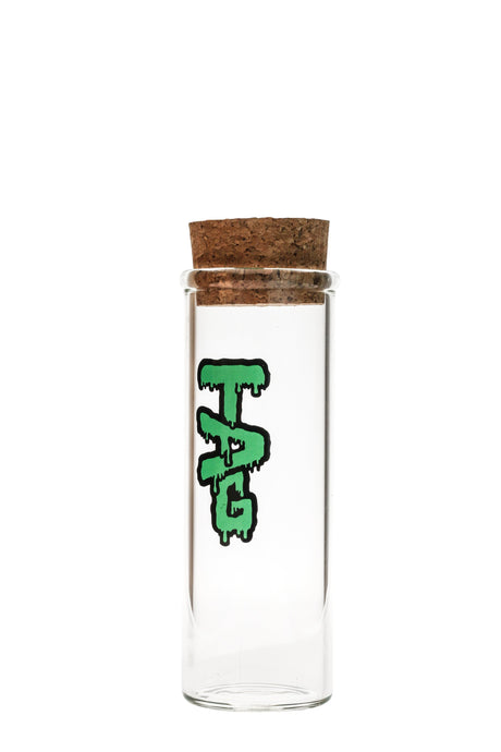 TAG 8" Clear Glass Jar with Cork Top and Wavy Green Label, 75x5MM - Front View