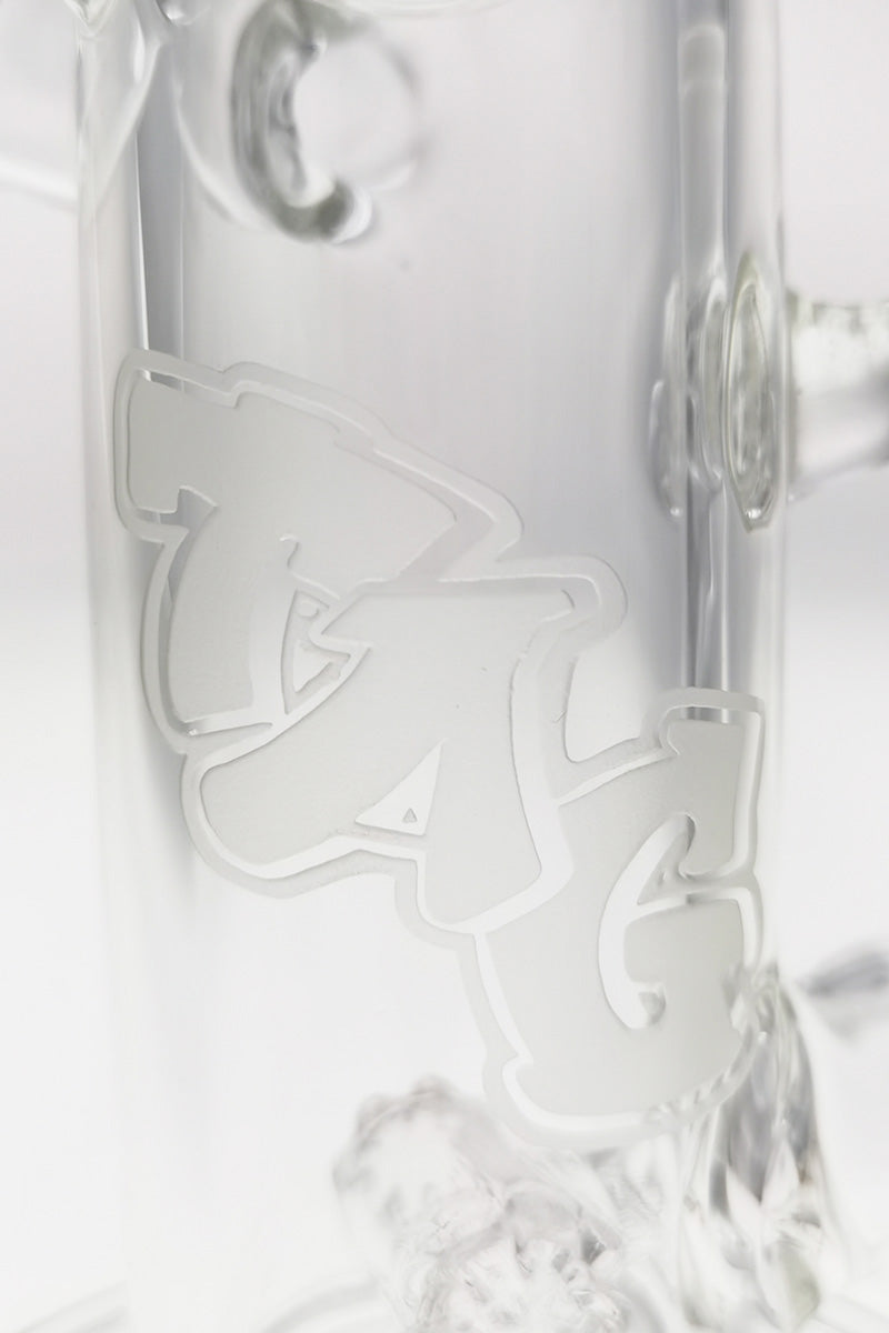 Close-up of TAG logo on 8" Hammer Head Perc Side Car Dab Rig by Thick Ass Glass
