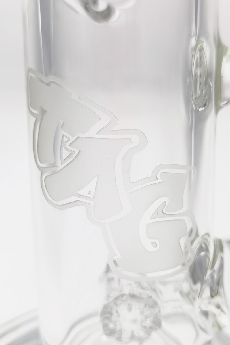 Close-up of TAG logo on 8" Hammer Head Perc Side Car Dab Rig by Thick Ass Glass