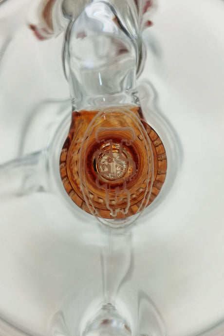 Top-down view of Thick Ass Glass 8" Bent Neck Dab Rig with intricate Super Slit Puck Diffuser