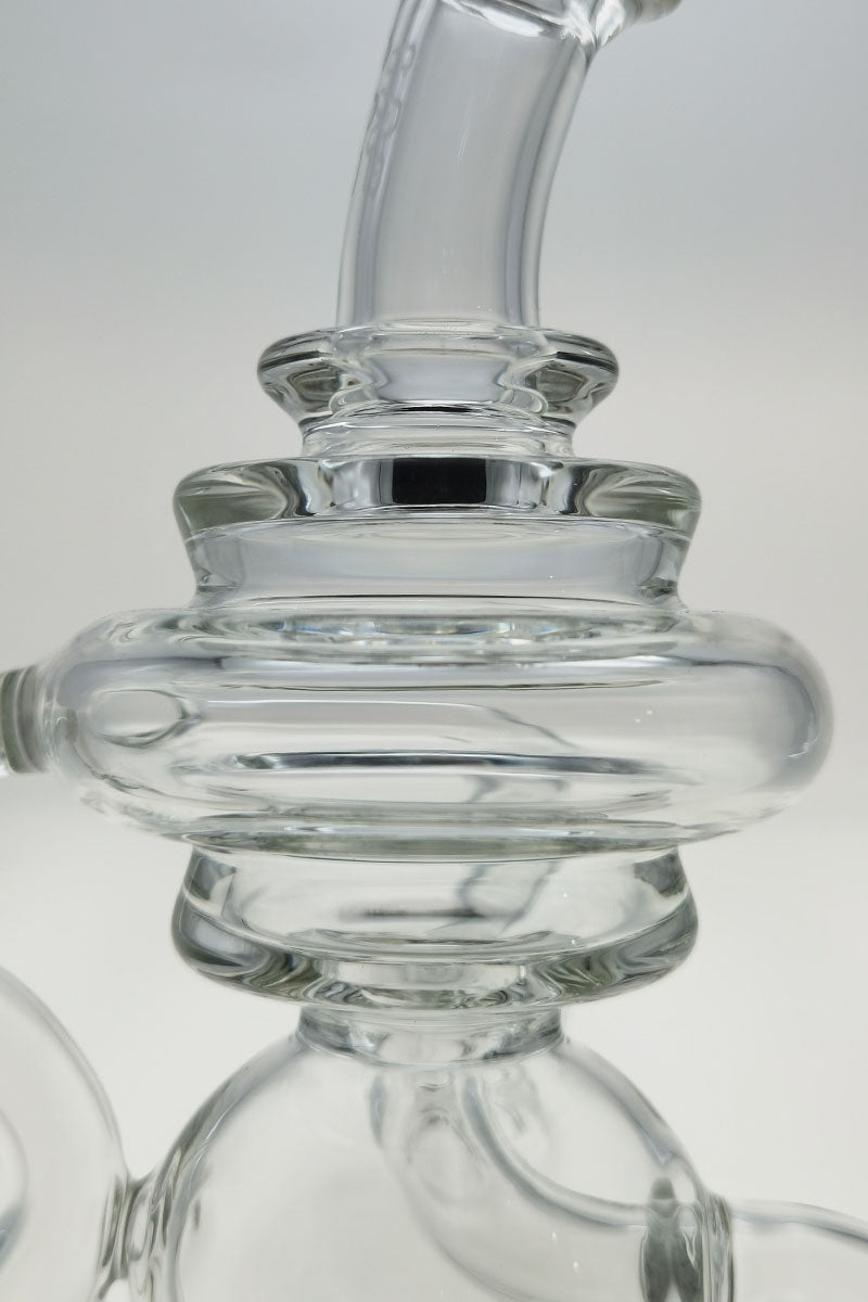 Close-up of TAG 8" bellow ball bent neck dab rig with super slit puck diffuser