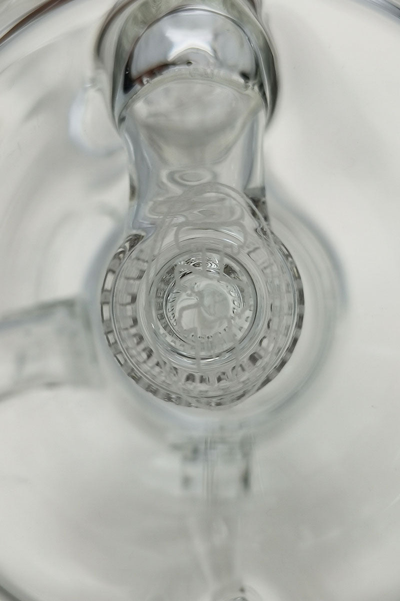 Close-up of TAG 8" Bent Neck Dab Rig with Super Slit Puck Diffuser for Smooth Hits
