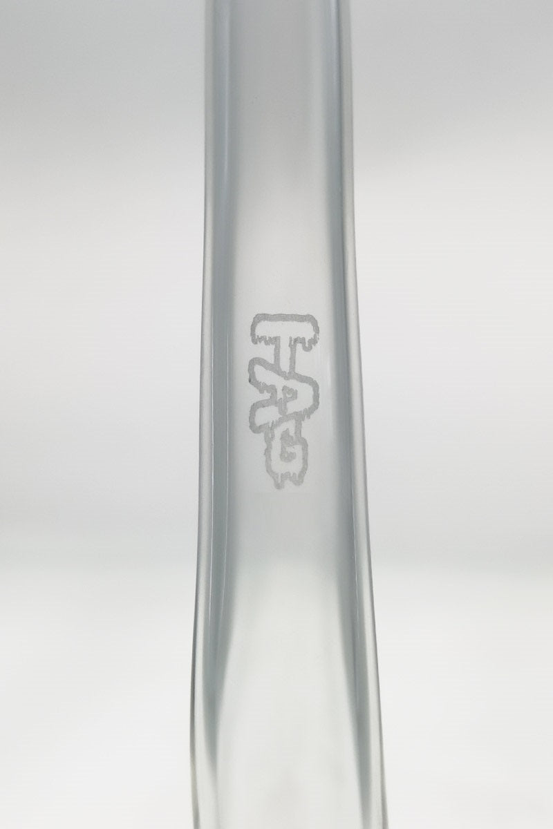 Close-up of TAG logo on 8" Sherlock Arm J-Hook made by Thick Ass Glass, Borosilicate