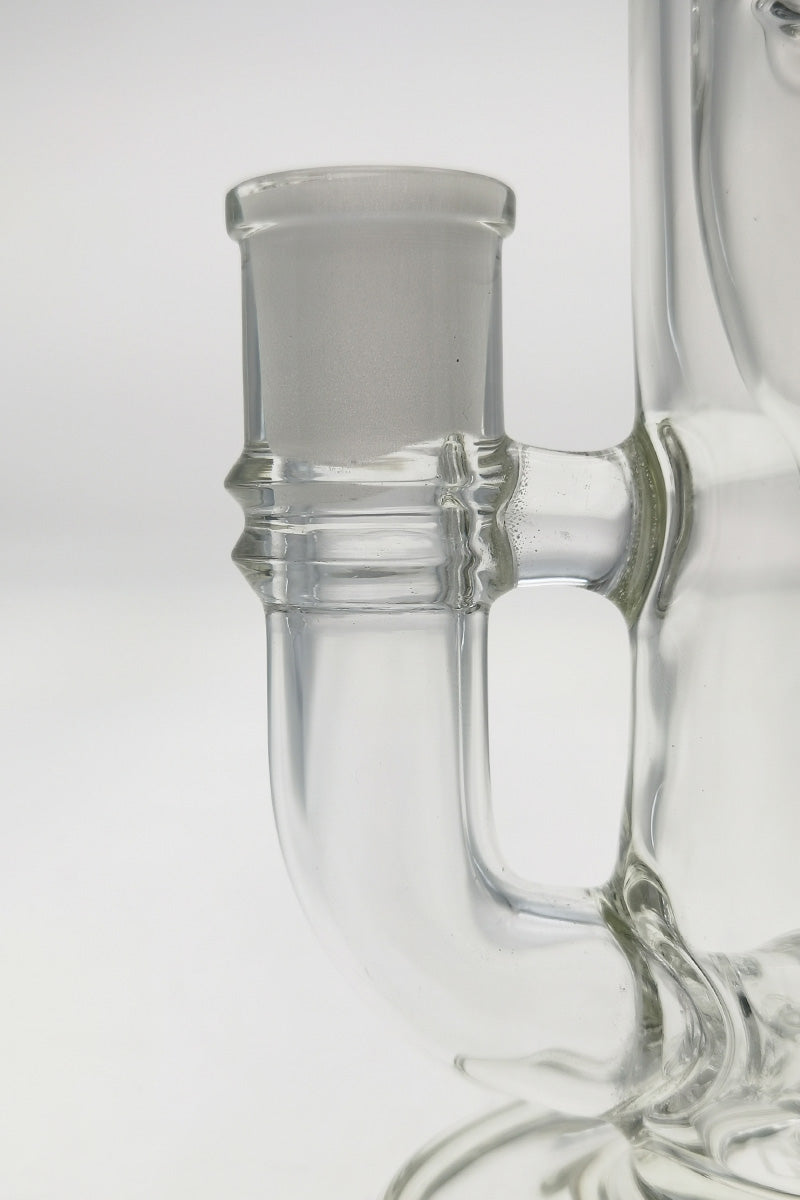Close-up of TAG 8" Super Slit Puck Klein Incycler joint - 14MM Female clear glass