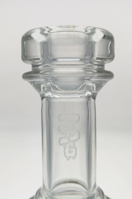Close-up of Thick Ass Glass 8.5" Incycler with 14MM Female joint and bellow base, clear glass