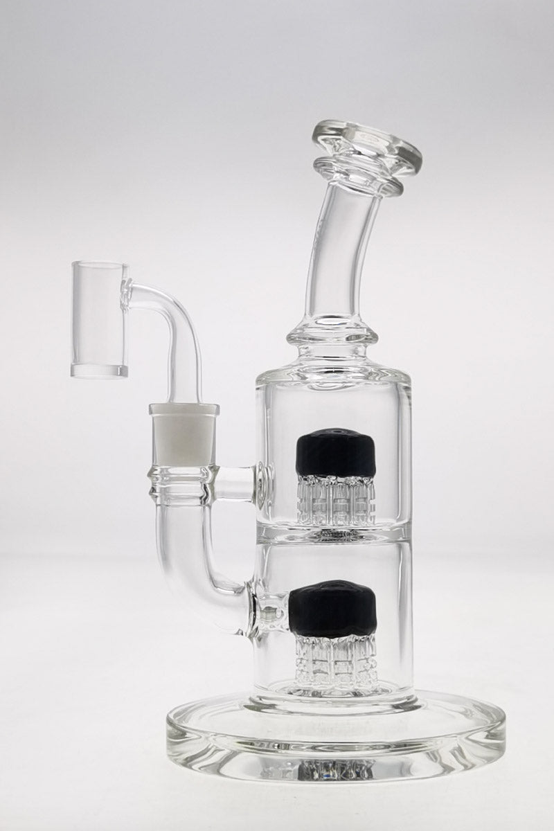 TAG 8.5" Bent Neck Dab Rig with Double 6-Arm Tree Percolators and 14MM Female Joint on White Background