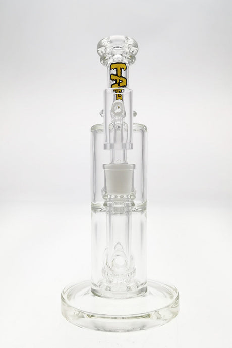 TAG 9" Bent Neck Double UFO Percolator Bong in Yellow, 14MM Female Joint, Front View on White Background
