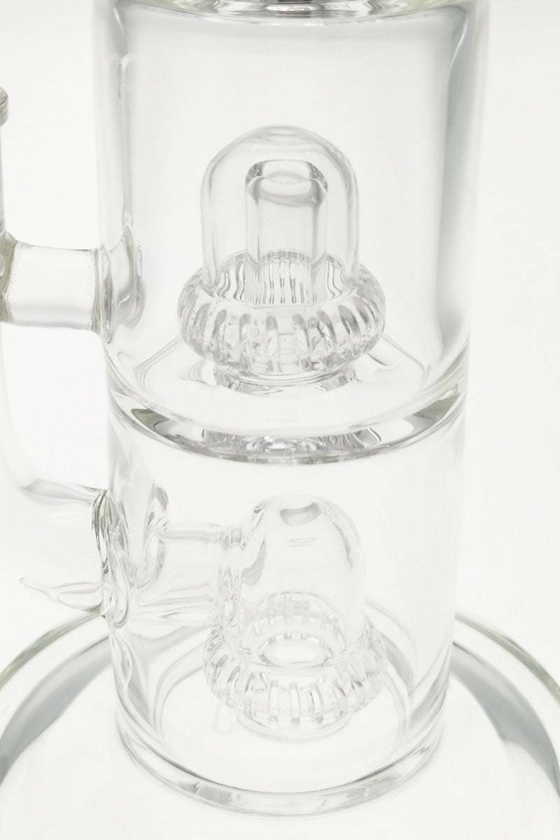 Close-up of TAG 9" Bent Neck Bong with Double UFO Percs, 14MM Female Joint, Clear Glass