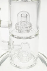 Close-up of TAG 9" Bent Neck Bong with Double UFO Percs, 14MM Female Joint, Clear Glass