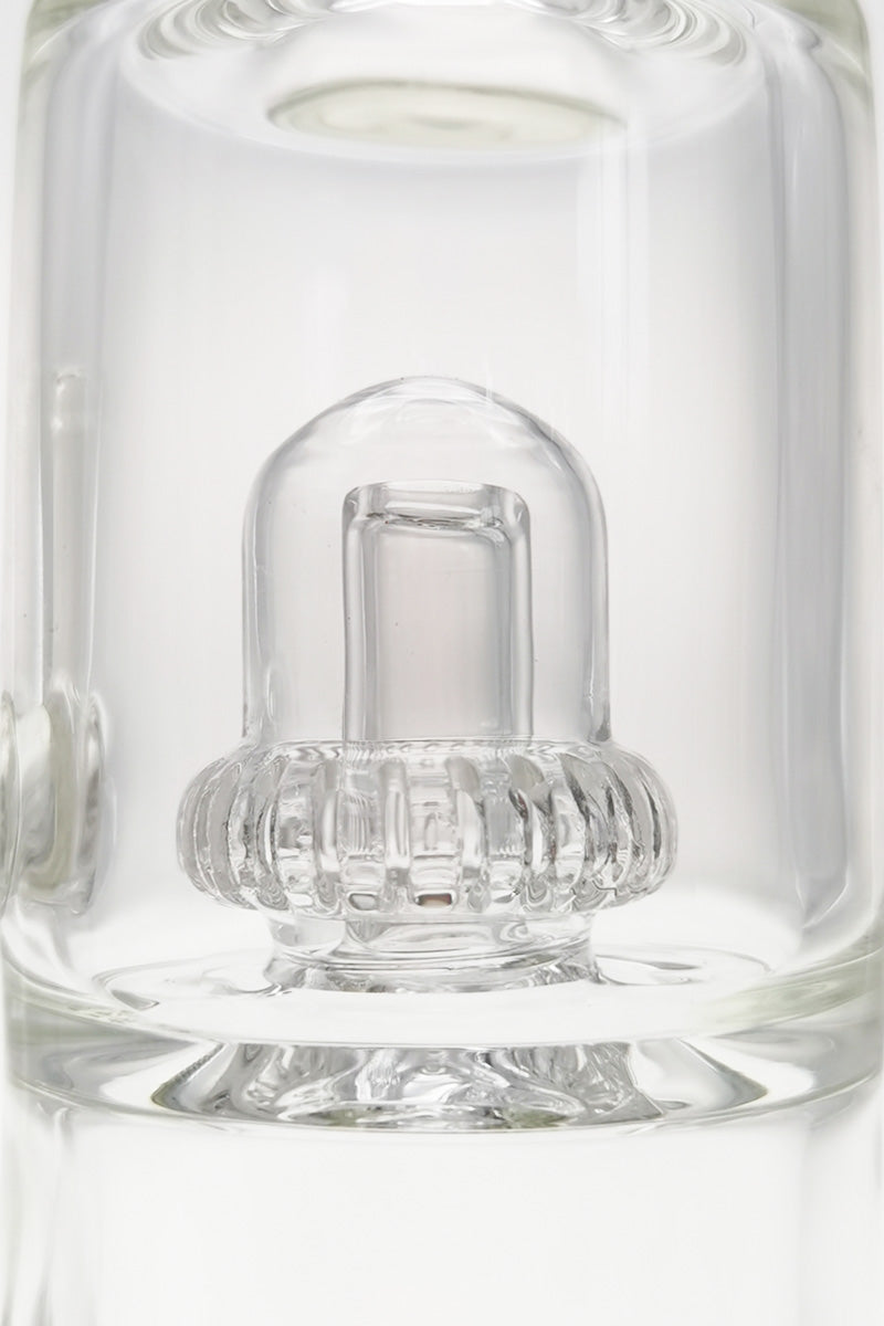 Close-up of TAG 9" Bent Neck Bong with Double UFO Percs in Clear Glass