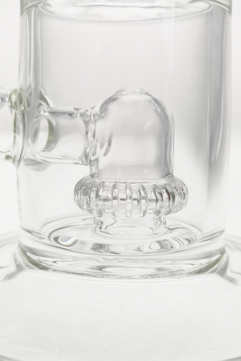 Close-up of TAG 9" Bent Neck Bong with Double UFO Percolator in Clear Glass