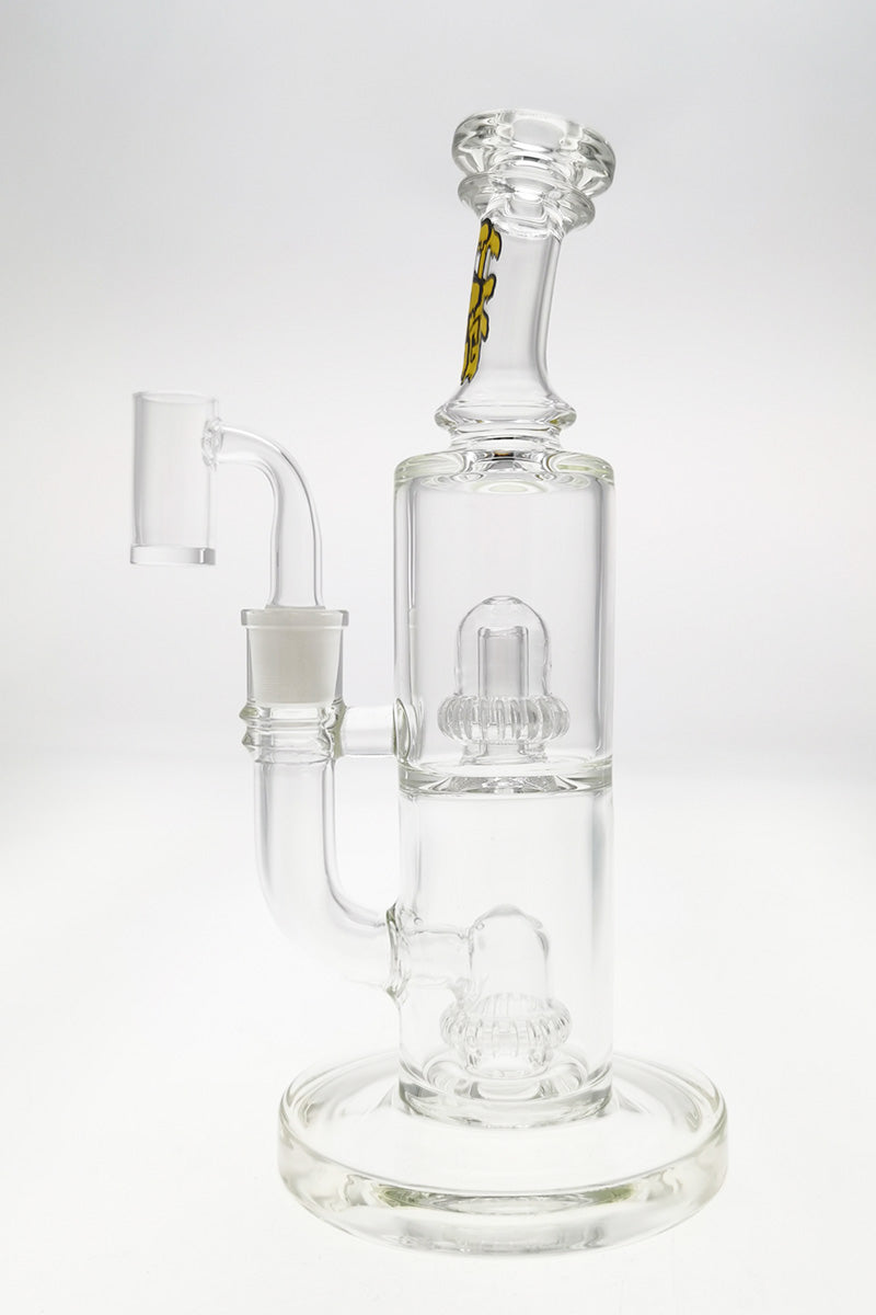 TAG 9" Bent Neck Bong with Double UFO Perc, 14MM Female Joint, Front View on White