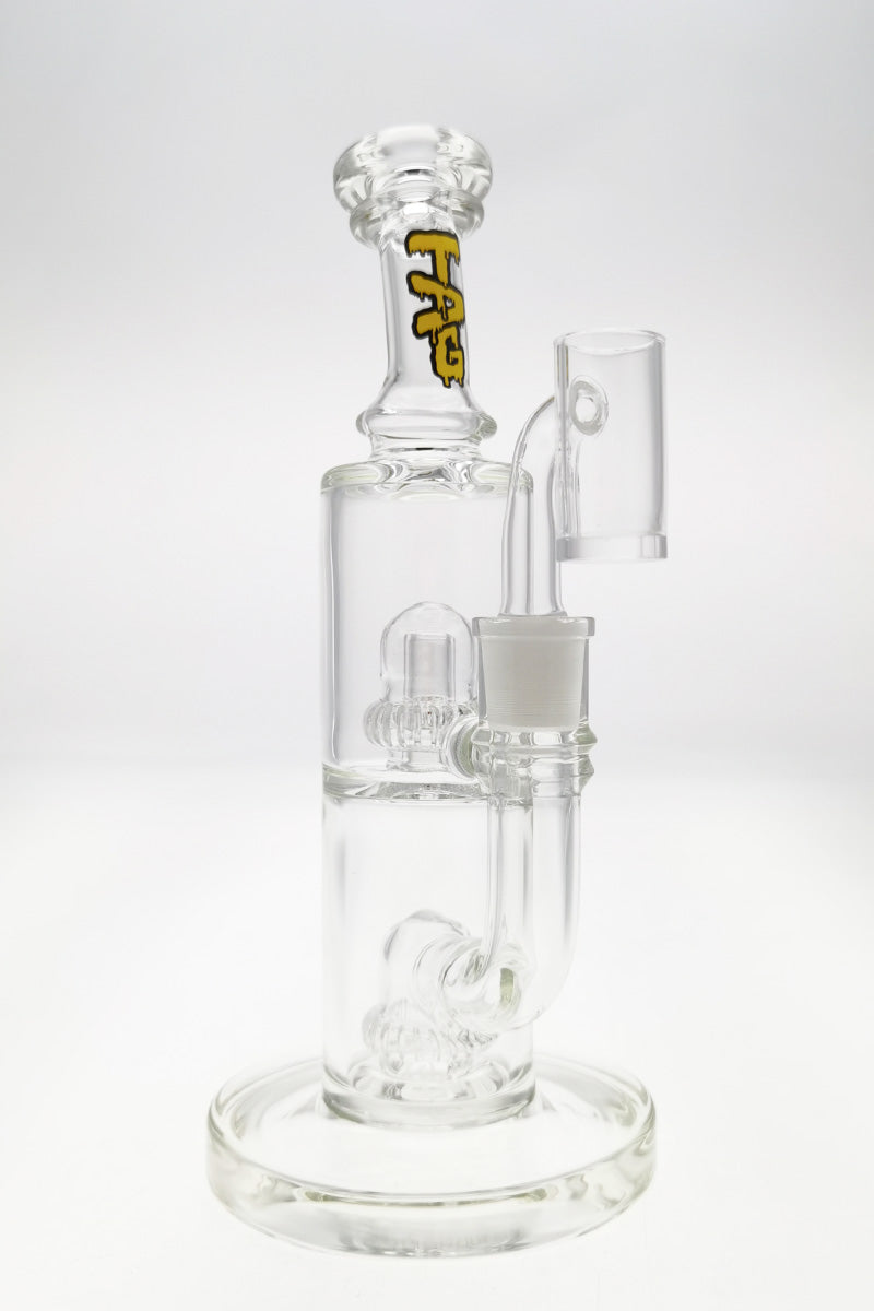 TAG 9" Bent Neck Double UFO Bong in Yellow, 55x5MM with Showerhead Percolator, Front View