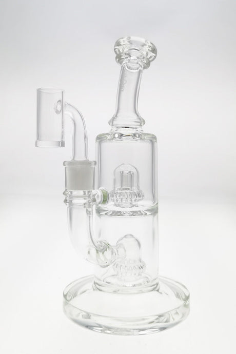 TAG 9" Bent Neck Double UFO Percolator Bong, 55x5MM, 14MM Female Joint, Clear View