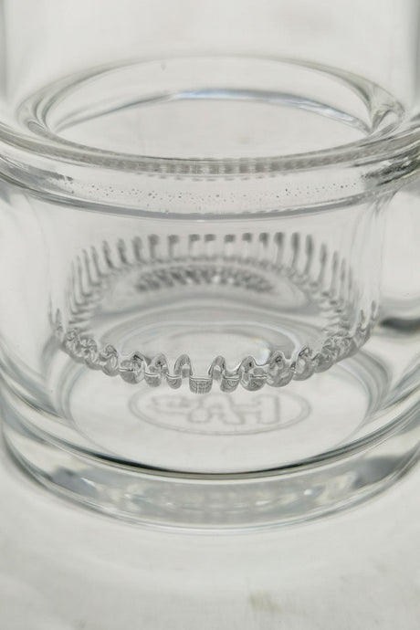 Close-up of TAG bent neck dab rig with interior showerhead percolator and 14MM female joint
