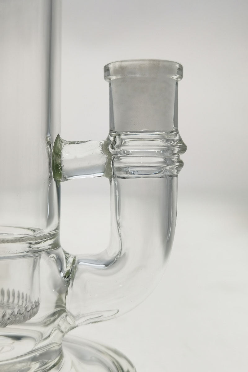 Close-up side view of TAG 9" Bent Neck Dab Rig with Interior Showerhead Percolator and 14MM Female Joint