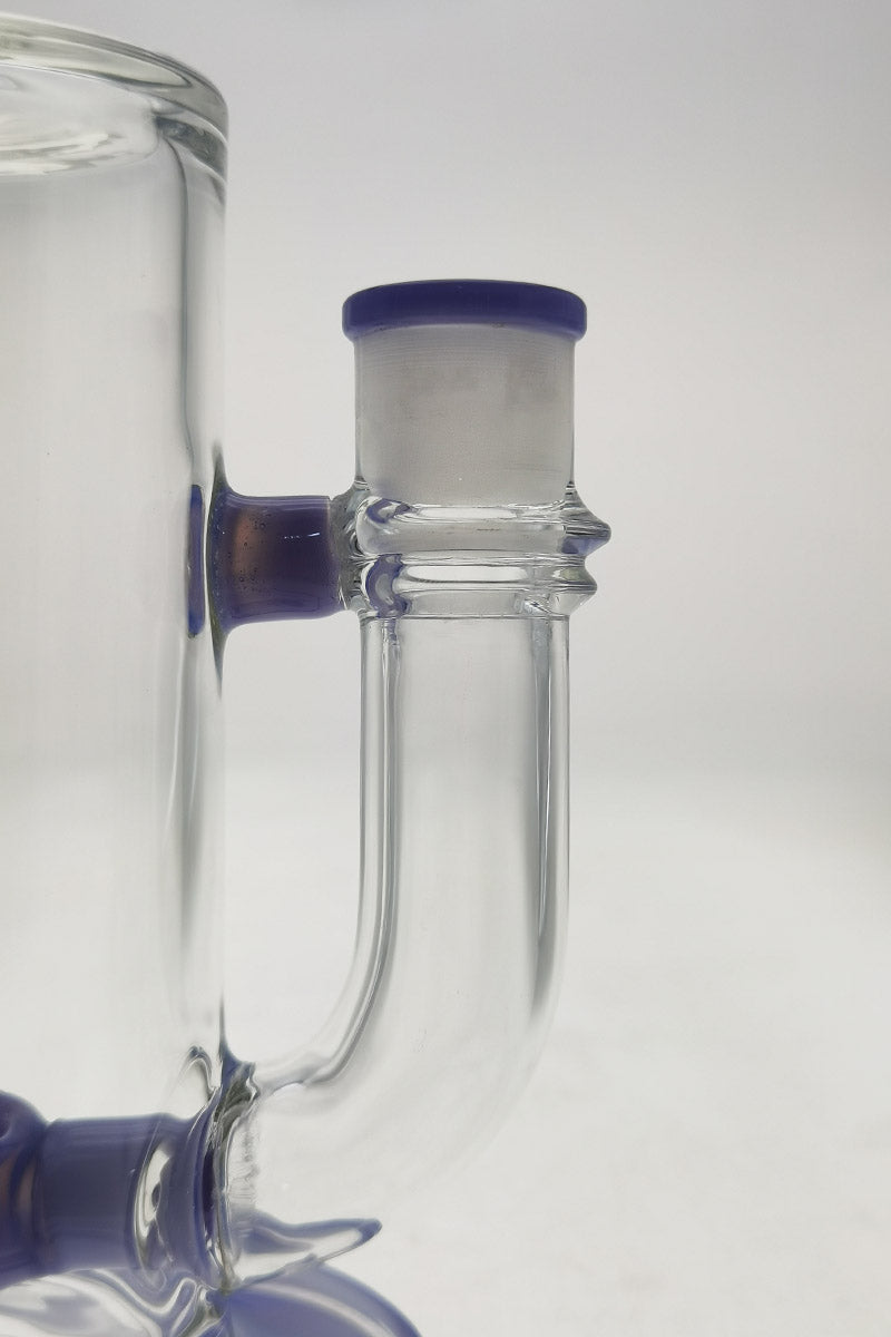 Close-up side view of TAG 9" Showerhead Donut Bong joint with Keck Clip for secure connection
