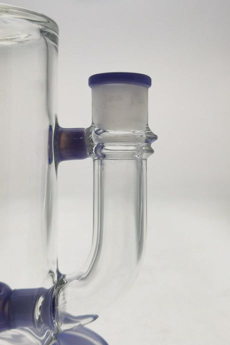Close-up side view of TAG 9" Showerhead Donut Bong joint with Keck Clip for secure connection