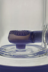 Close-up of TAG 9" Showerhead Donut Bong base with purple accents, 18MM female joint