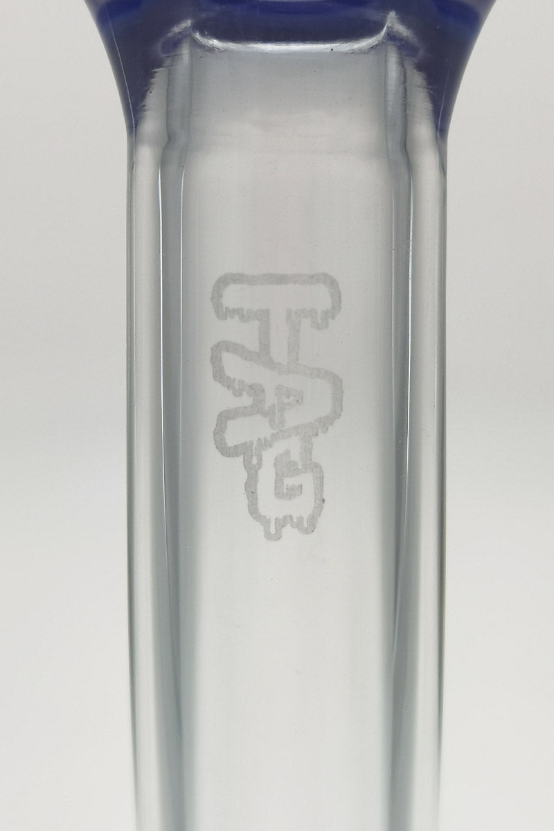 Close-up of TAG Showerhead Donut Bong Neck with Etched Logo, Borosilicate Glass