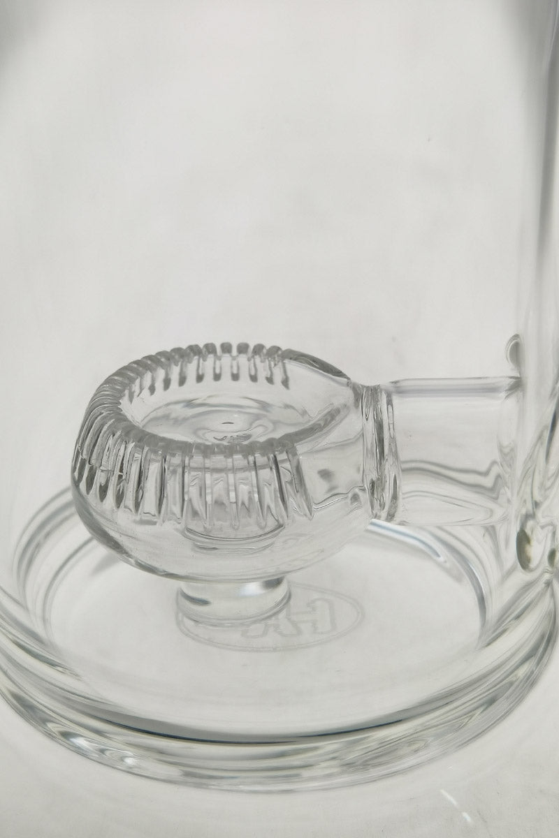 Close-up of TAG 9" Showerhead Donut Bong base with 18MM Female joint and clear borosilicate glass