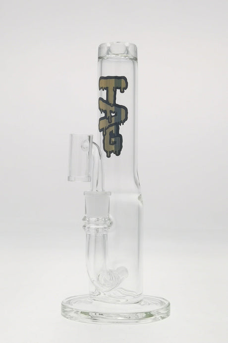 TAG 9.25" Fixed Multiplying Inline Straight Tube Dab Rig, Clear with Gold Label, Front View