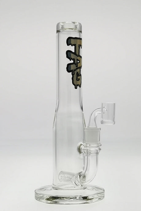 TAG 9.25" Fixed Inline Straight Tube Dab Rig, Clear with Wavy Gold Label, Side View