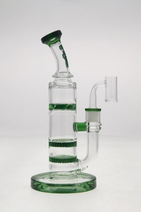 TAG 9.5" Bent Neck Bong with Double Honeycomb, Spinning Splashguard, Green Accents, Front View
