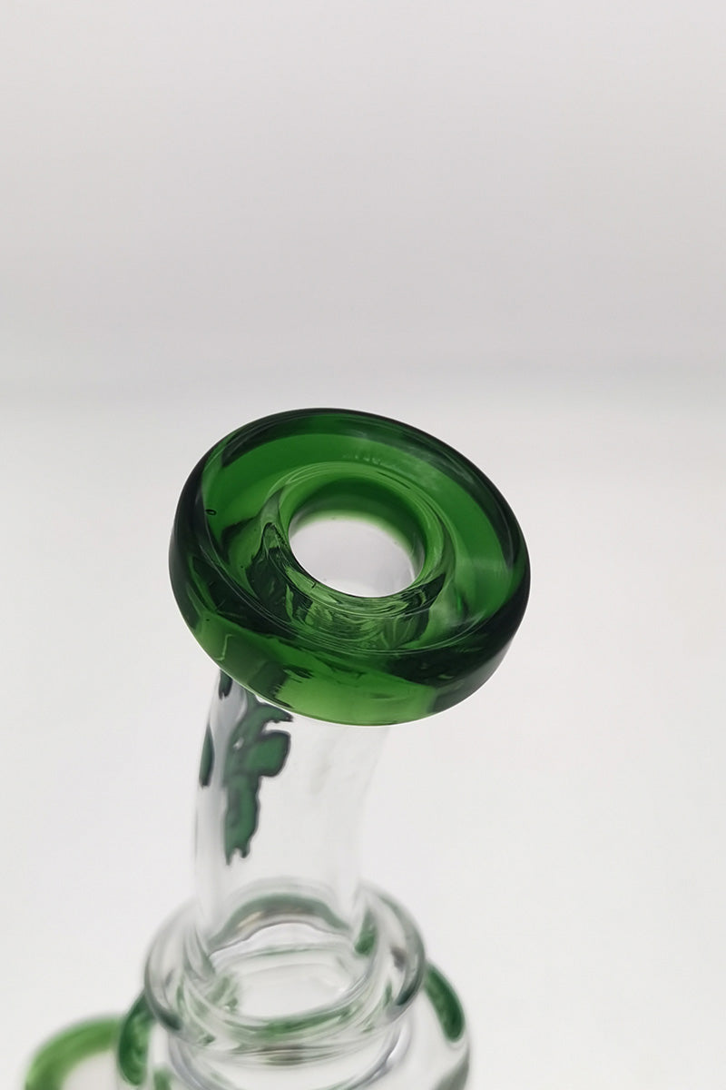 Close-up of TAG 9.5" Bent Neck Bong with Green Double Honeycomb and Splashguard
