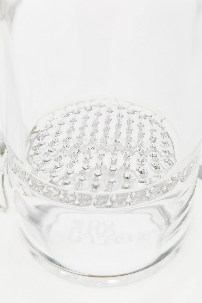 Close-up view of TAG 9.5" Bent Neck Dab Rig with Honeycomb Percolator and 18MM Female Joint