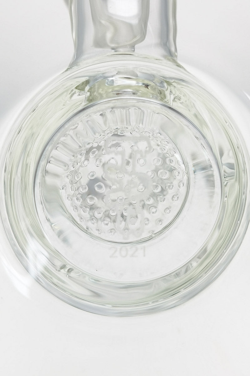 Close-up view of Thick Ass Glass 9.5" Bong with Honeycomb Percolator and 2021 engraving