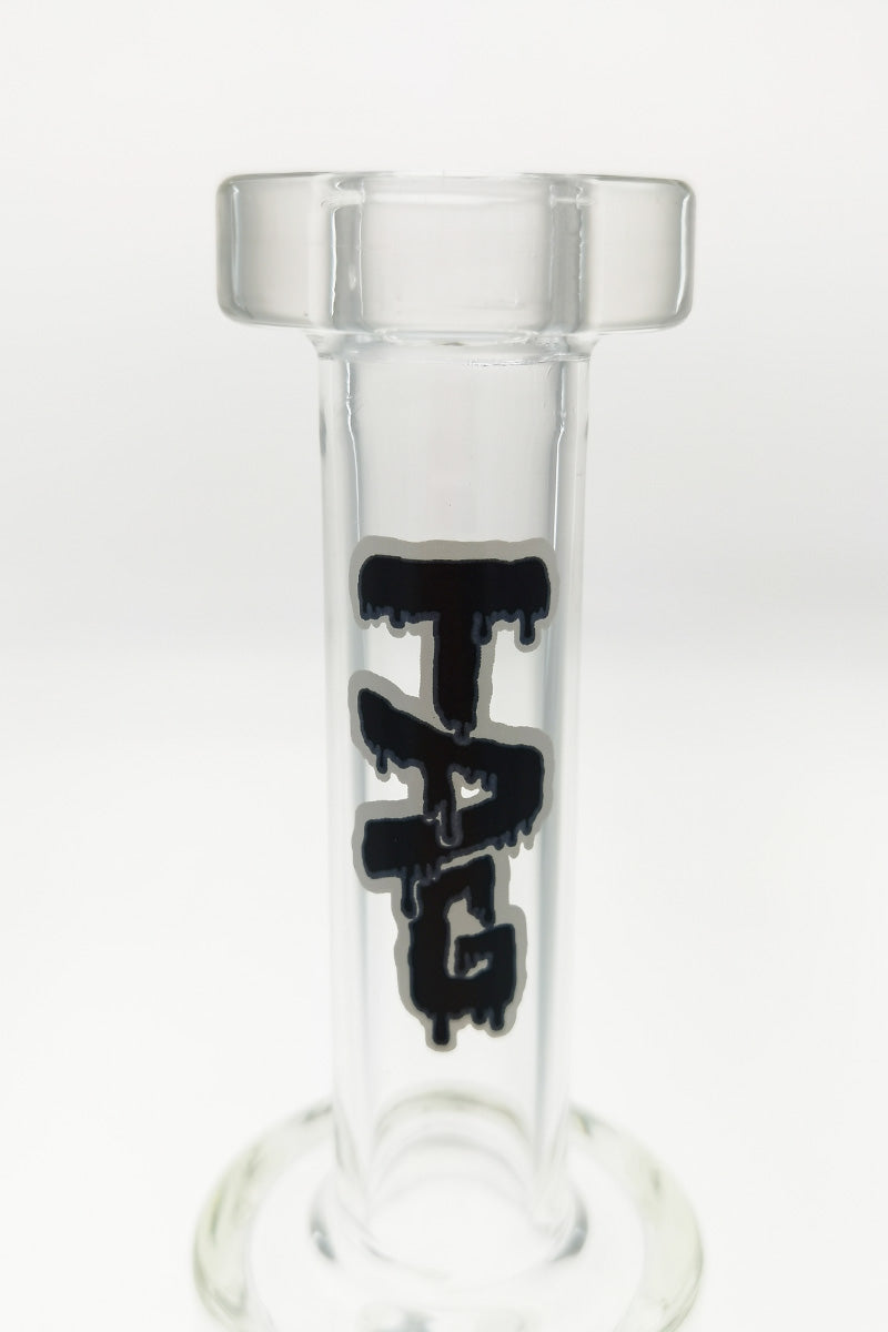 Close-up of TAG logo on 9.5" Honeycomb Percolator Bong by Thick Ass Glass, 18MM Female Joint