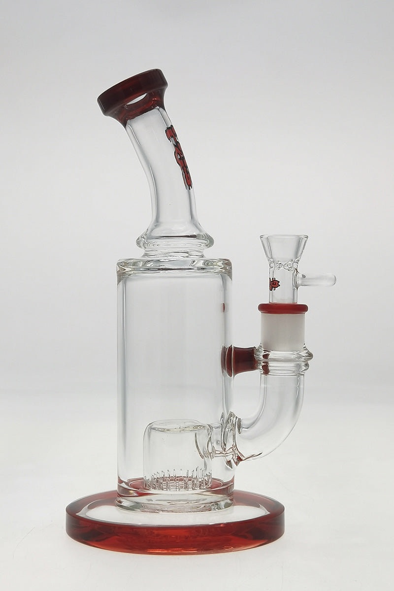TAG 9.5" bong with super slit showerhead froth diffuser and red accents, front view on white background