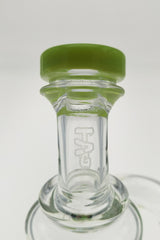 TAG 9.5" Super Slit Donut Dual Arm Recycler close-up, 14MM Female joint size, clear with green accent