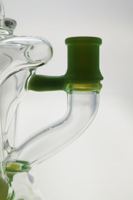 Close-up of Thick Ass Glass 9.5" Quartz Donut Recycler with 14MM Female joint and green accents