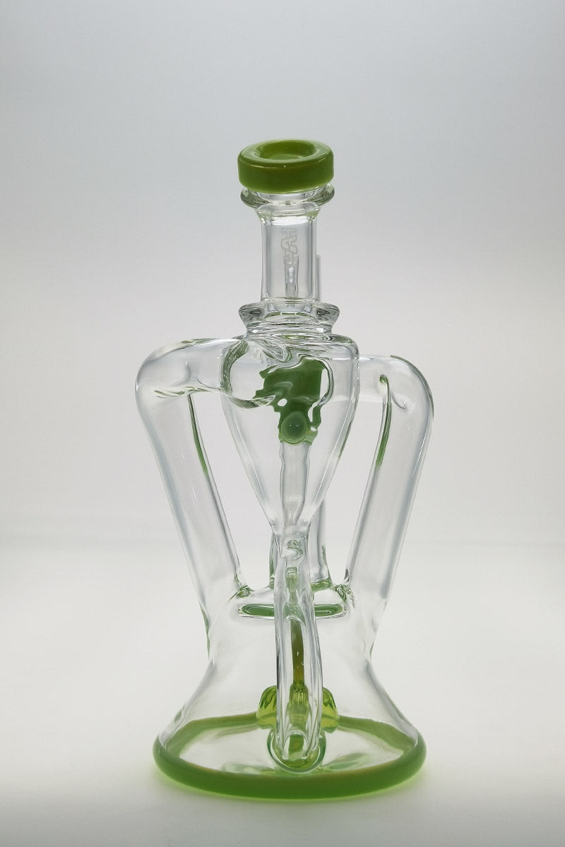Thick Ass Glass 9.5" Quartz Donut Recycler, Dual Arm, 14MM Female Joint, Clear with Green Accents