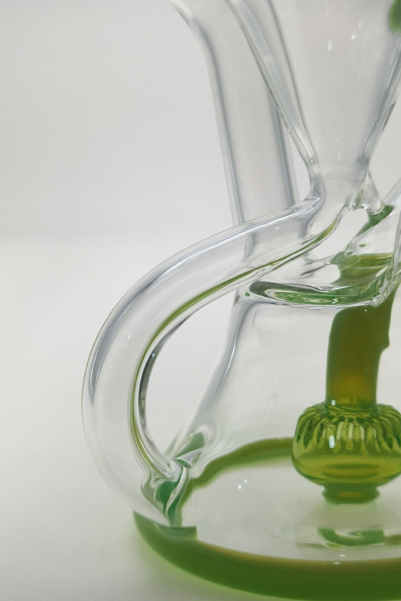 Side view of Thick Ass Glass 9.5" Quartz Donut Recycler with Green Accents and In-Line Perc