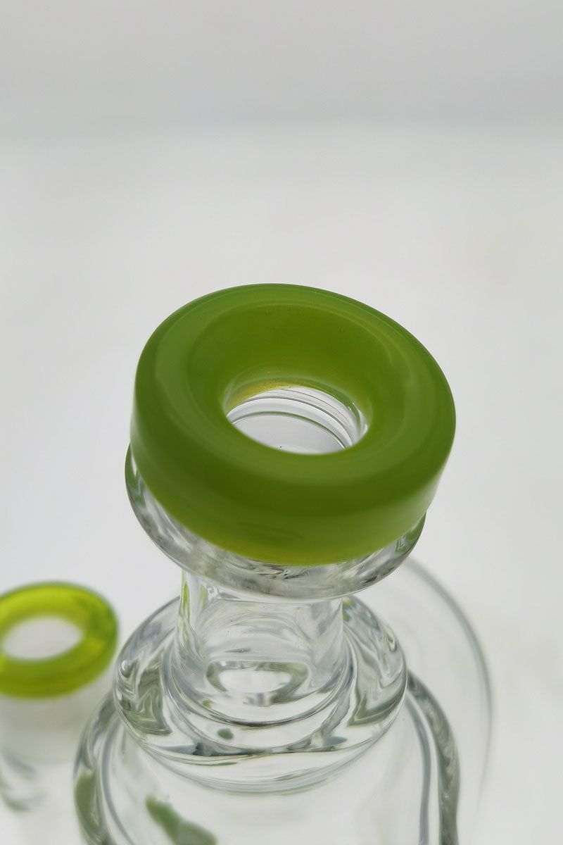 TAG 9.5" Super Slit Donut Dual Arm Recycler close-up, 14MM Female joint with green accents