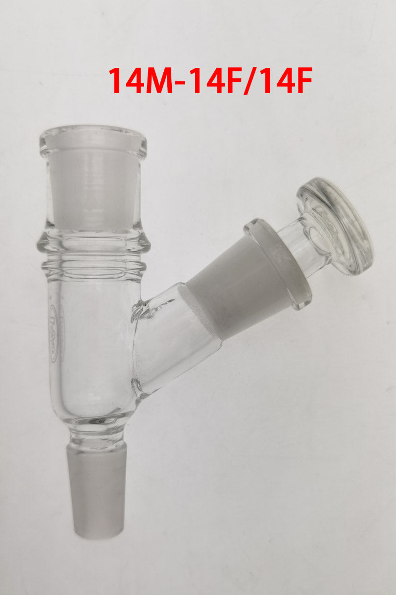 TAG 14MM Male to 14MM Female clear glass adapter for vaporizers, front view on white background