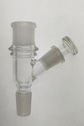 TAG 18MM Male to Female Adapter for Vaporizers, Clear Glass with Laser Engraved Logo, Angled View