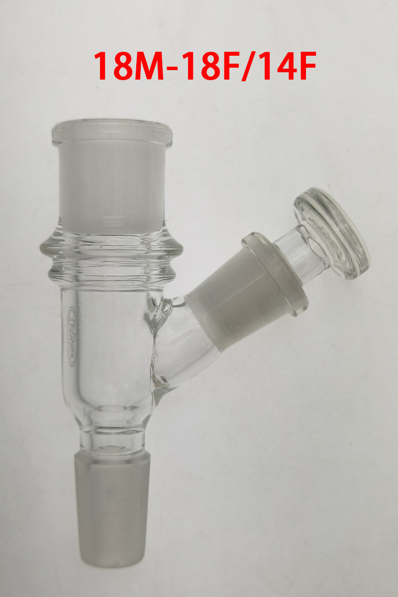 TAG - Clear Glass Adapter for Vaporizers, 18M to 18F/14F, Angled View