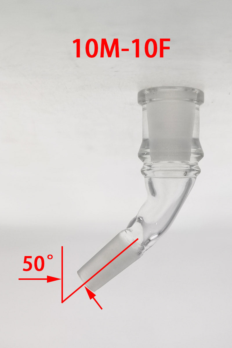 TAG Quartz Angle Adapter at 50 degrees, Male to Female joint for bongs, clear view on white background