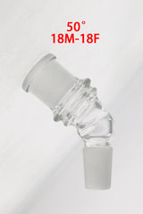 TAG 50° Angle Adapter for bongs, 18mm Male to 18mm Female, clear quartz side view