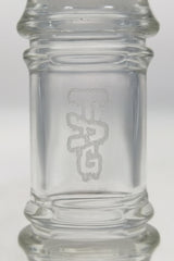 TAG brand Double Female Fitting Adapter for Bongs, Clear Glass, Close-up View